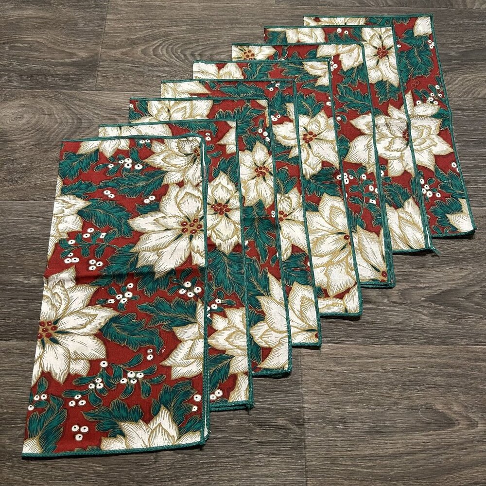 Set of 8 Christmas Poinsettia Cloth Napkins Linens Red Green Holiday Table Decor
